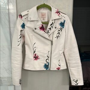 Candie's Pink and White Leather Moto Jacket with Floral Embroidery